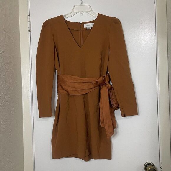 SACHIN + BABI Long Sleeve Amina Satin Tie Dress Burnt orange size US US 8 $550 - Picture 5 of 7